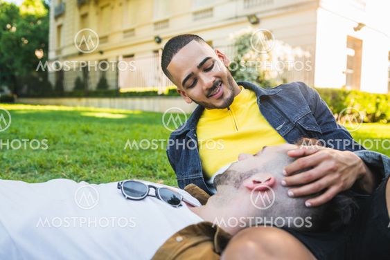 Gay couple spending time together at the park.