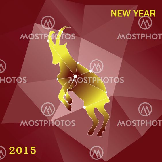 Beautiful polygonal goat on a Christmas card. Polygon red background.