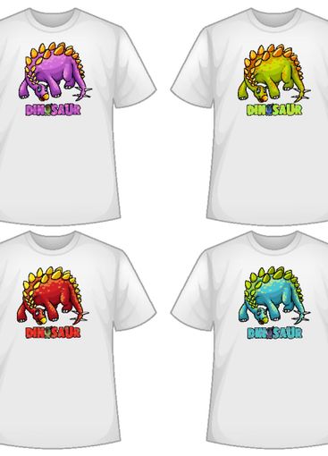 Set of different colour dinosaur screen on t-shirts