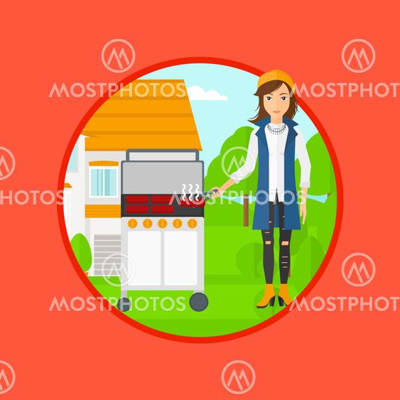 Woman cooking meat on gas barbecue grill.