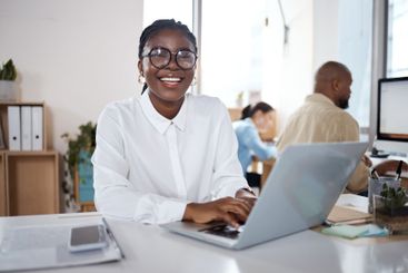 Businesswoman, portrait or happy accountant on laptop...
