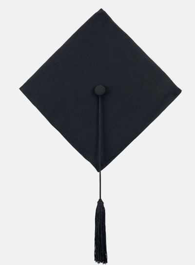 Black academic cap with long tassel isolated on white