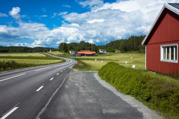 Scandinavia rural landscape, Asphalt road going through 