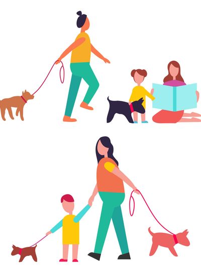 People Walking Dogs, Have Fun Vector Illustration