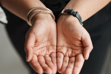 Hands open, business and woman with charity, donations...