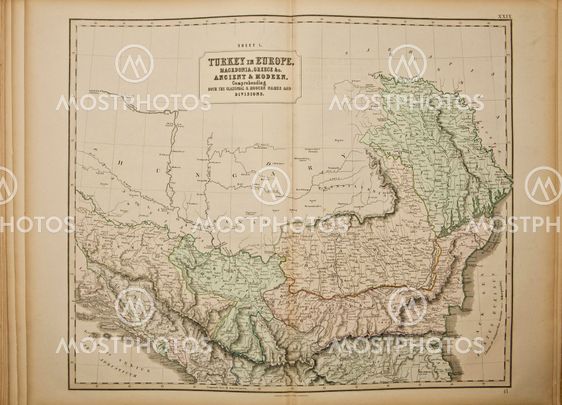 Europe. Ancient map of the world . Published by George Philip and son at London 1857 and are not subject to copyright.