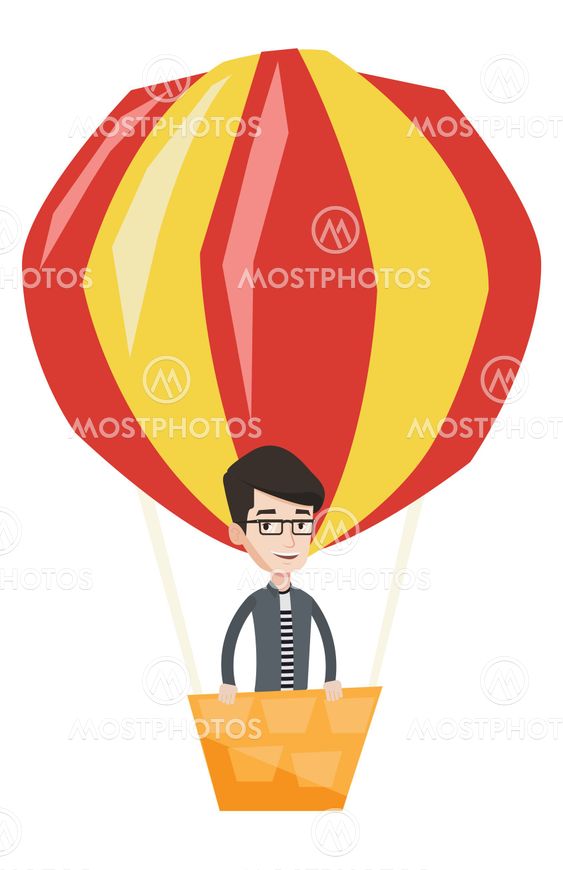 Man flying in hot air balloon vector illustration.