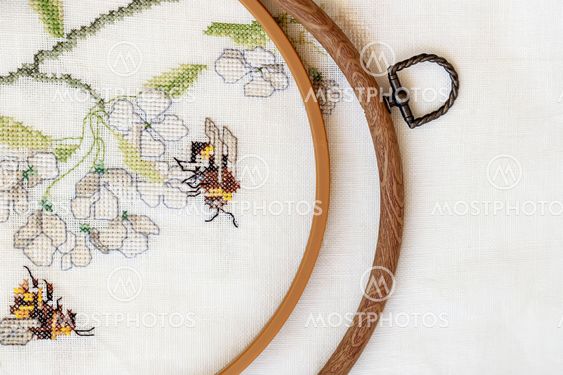 Wooden embroidery hoop with fragment of a colorful...