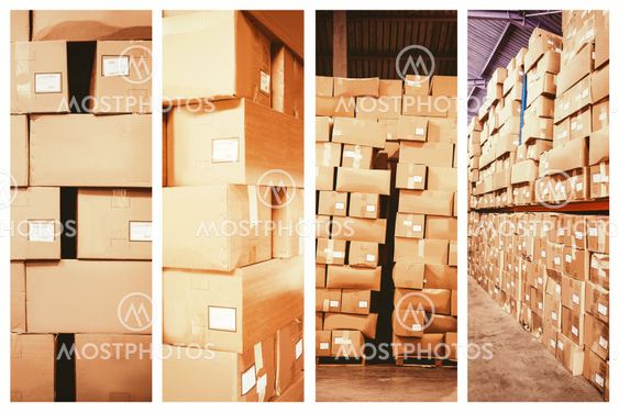 Composite image of cardboard boxes in warehouse