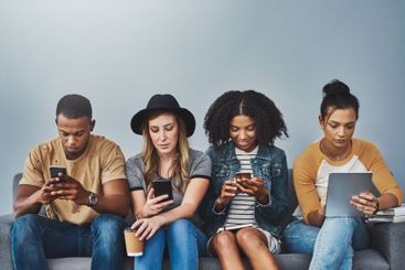 Recruitment, waiting or business people with technology...