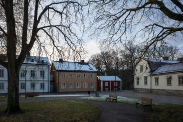 City street view in Scandinavia with low buildings on a...