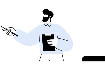 Teacher Presenting with Pointer and Notebook Near Laptop...