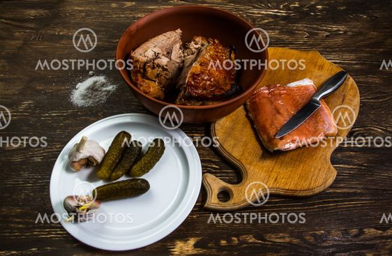 Still Life With grilled meat of turkey and salt salmon...