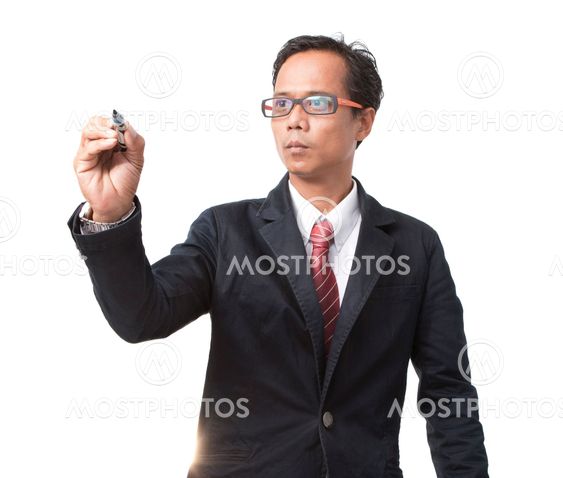 asina man writing by pen isolated on white