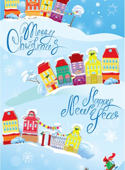 Card with small fairy town on light blue sky background...