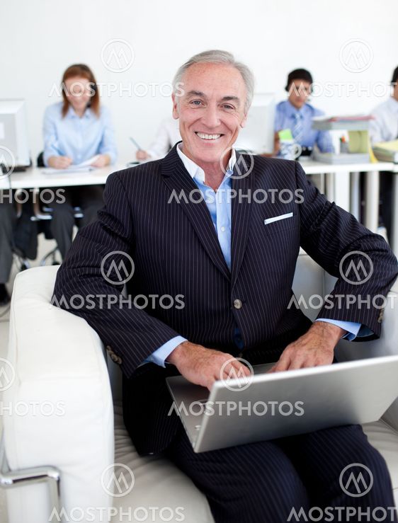 Smiling businessman using a laptop