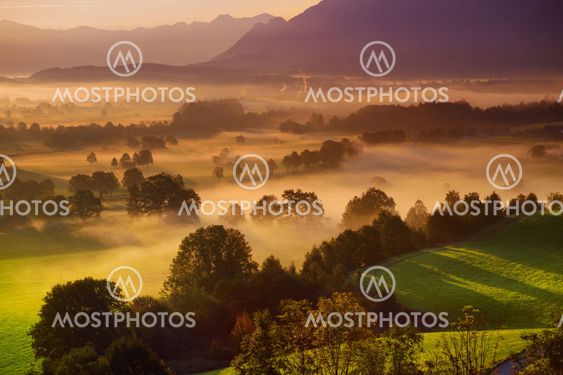 Breathtaking morning lansdcape of small bavarian village...