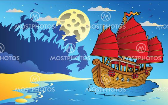 Night seascape with Chinese ship