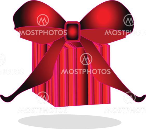Red lined gift box with gradient ribbon isolated on white.