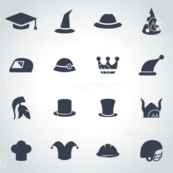 Vector black helmet and hat icon set