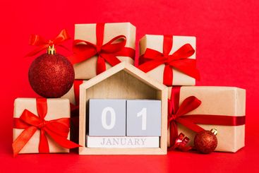 1 january. Christmas composition on colored background...