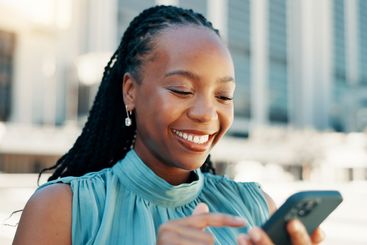 Search, phone and business with black woman in city for...