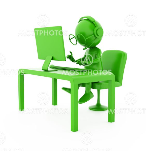 3d green character. Operator - programmer. Isolated on white