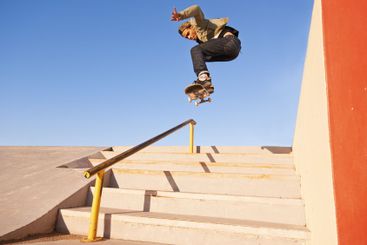 Freedom, fitness and man with skateboard, jump or rail...