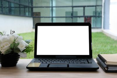 computer notebook flower on office workplace desk....