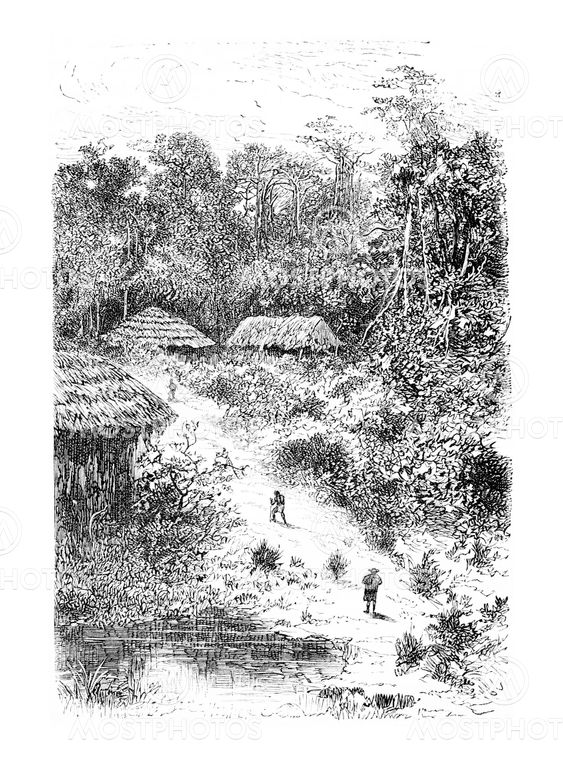 Village of Guineo in Amazonas, Brazil, vintage engraving