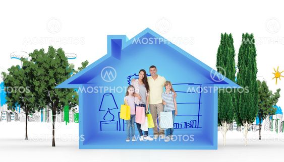 Composite image of happy family carrying shopping bags