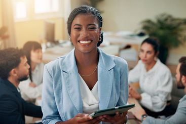 Portrait, smile or businesswoman in meeting on tablet...