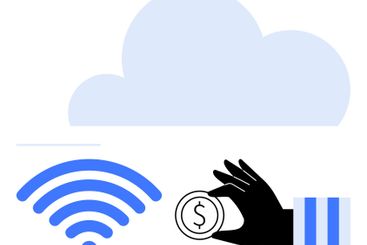 Hand holding coin with cloud and wireless signal...