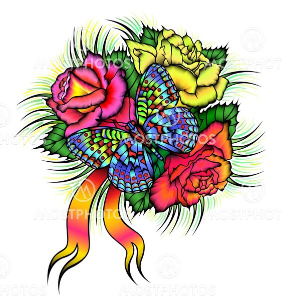 three roses and blue butterfly