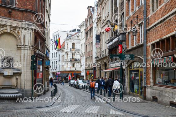 Brussels, Belgium - April 2015: Preserved old European-style residential and commercial buildings on streets of Brussels City, Belgium