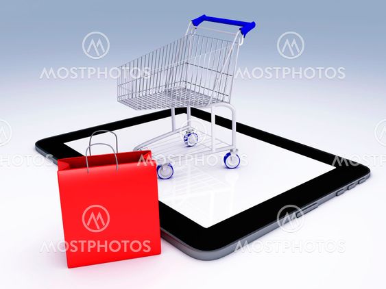 Shopping Cart over Tablet PC. E-commerce Concept.