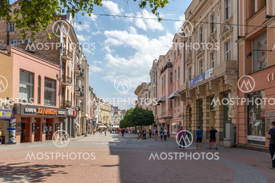 Walking peaople at Pedestian streets of city of Plovdiv