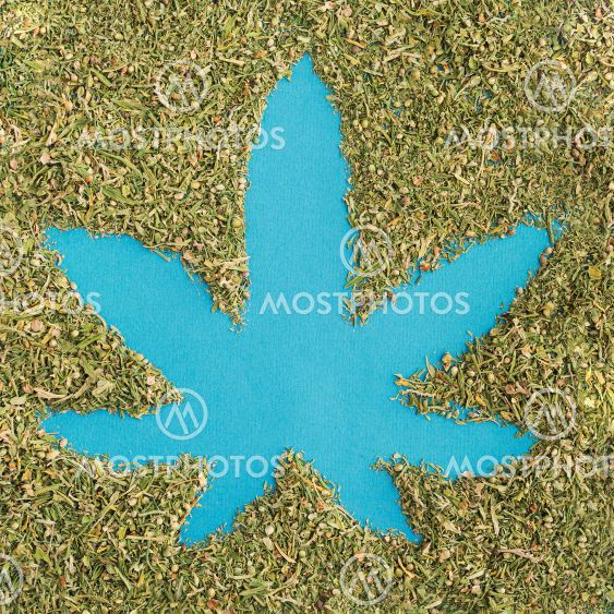 Backdround of cannabis dry leafs, shape of Marijuana