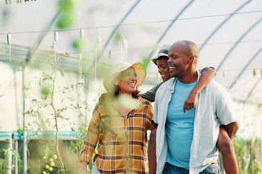Family, child and bonding in farm, walking and parents...