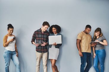 Group, business people and waiting with technology in...