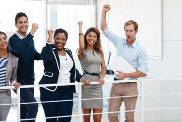 Happy people, portrait and winning with celebration or...