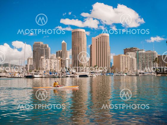HONOLULU, HAWAII - FEB 2: View of Waikiki Yacht club from Ala Moana beach park with buildings behind