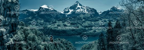 Gloomy panorama with the Swiss Alps peaks