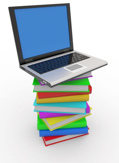 Laptop on stack of books. Computer generated image.