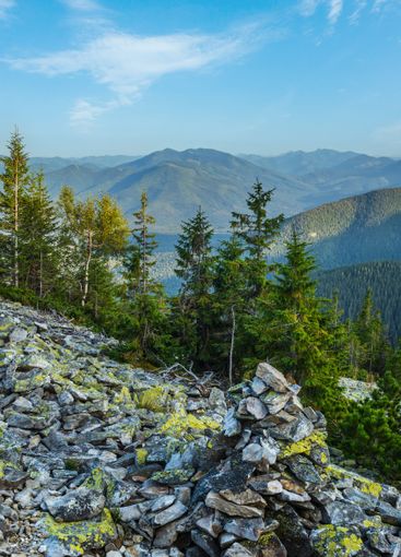 Summer Carpathian mountains evening view. Stony Gorgany...