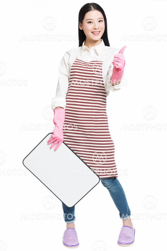 cleaning woman showing blank sign board