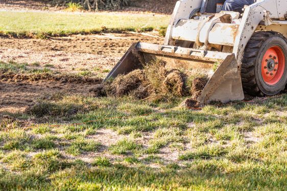 Small Bulldozer Removing Grass From Yard Preparing For...
