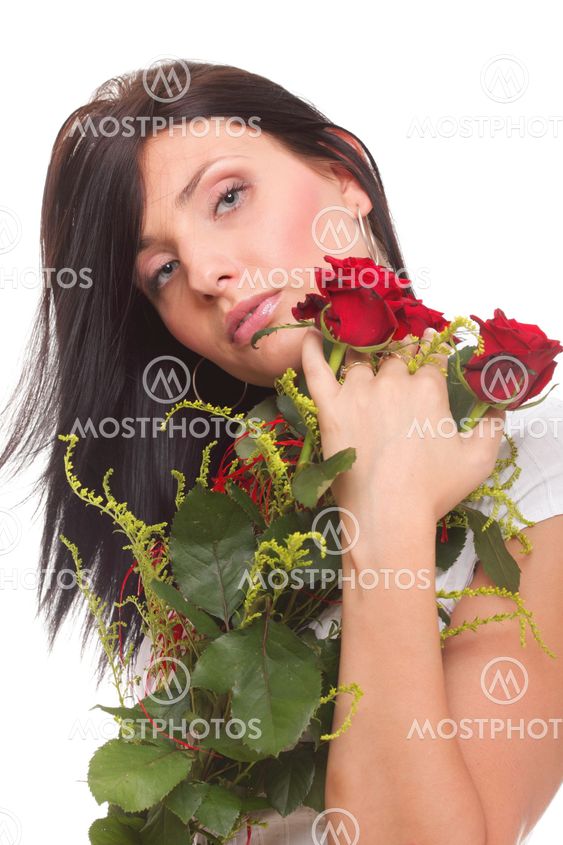 Closeup portrait of attractive young woman holding a red...