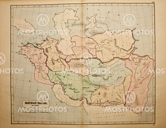 Parthian empire. Ancient map of the world . Published by George Philip and son at London 1857 and are not subject to copyright.