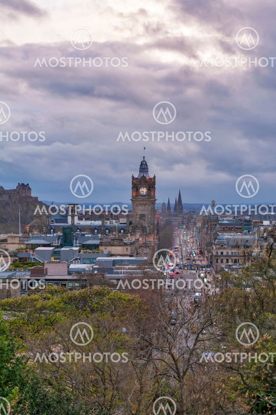 Cityscape view of the old town district of Edinburgh City from the hilltop of Calton Hill in central Edinburgh, Scotland, UK